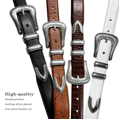 Belts.com Brenton_Genuine Full-Grain Cowhide Leather Dress Belt with Western Silver Plated Buckle Set (Smooth Black, 32)