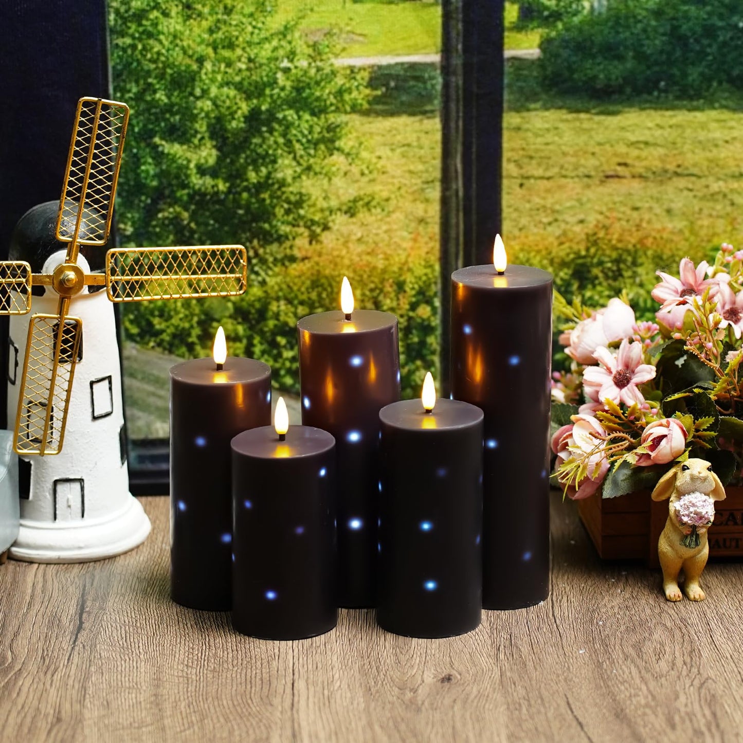 Nimiko Flickering Flameless Candles with Remote Control and Timer Set of 5 Pc Real Wax LED Pillar Candles, Battery Operated Candles（D2.2×H5/5.5"/6"/7"/8"） Halloween Decorations Home Decor （Black）