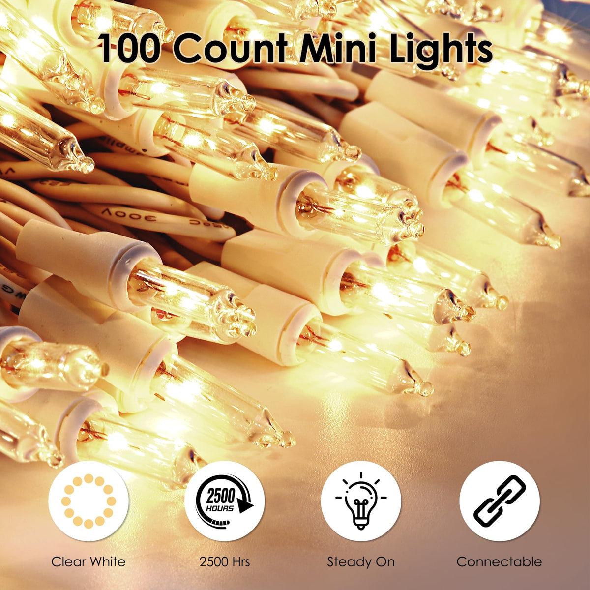 Meteds Christmas Lights 50 Count Connectable Warm White Mini Lights 13Ft UL Certified Plastic White Wire