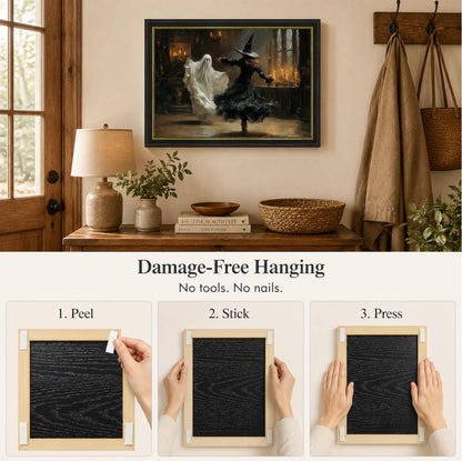 Vbaourut Framed Halloween Wall Art, Dancing Witch and Ghost Canvas Painting, Vintage Gothic Poster with Dark Brown Frame and Upgraded Hook and Loop for Living Room, 12x16 in
