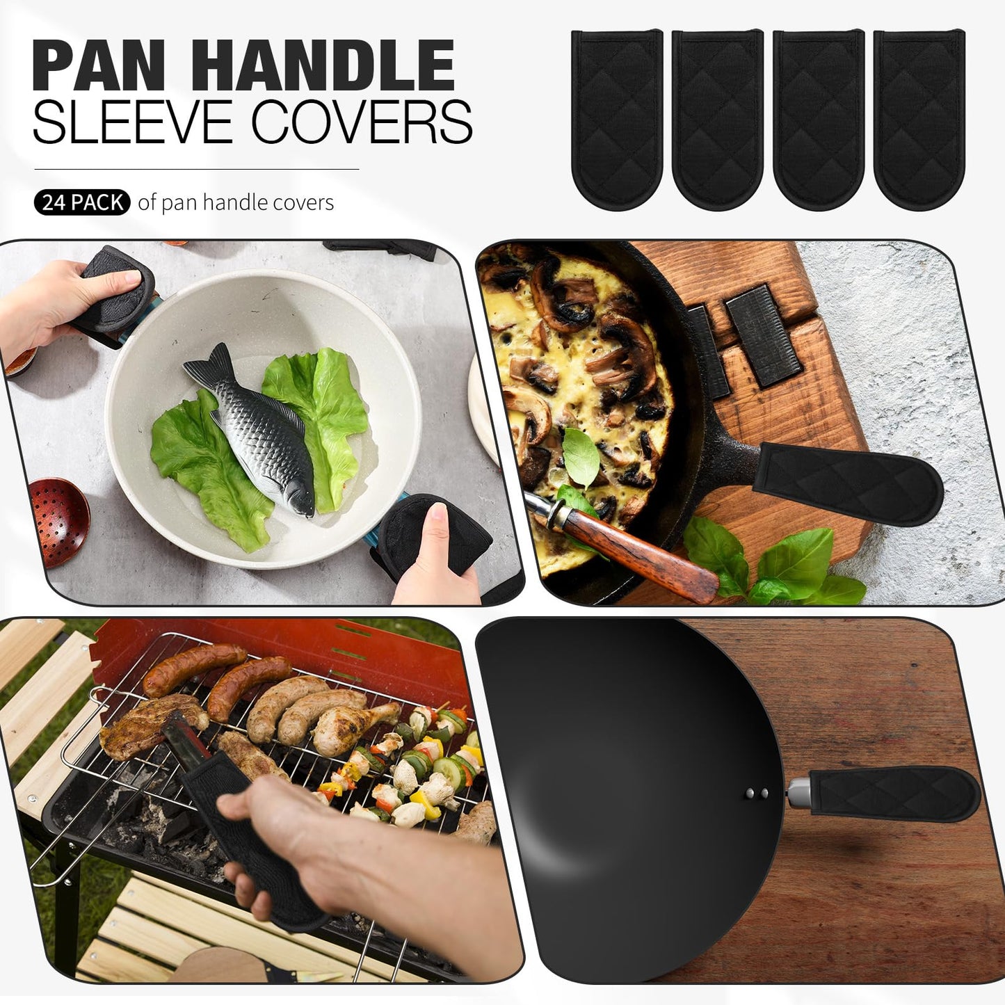 Dandat 24 Set Hot Handle Covers for Daily Replace Use Gift Pan Handle Sleeve Covers Heat Resistant Cast Iron Holder Sleeve Washable Handgrip Mitts for Christmas Kitchen Gifts Craft (Black)