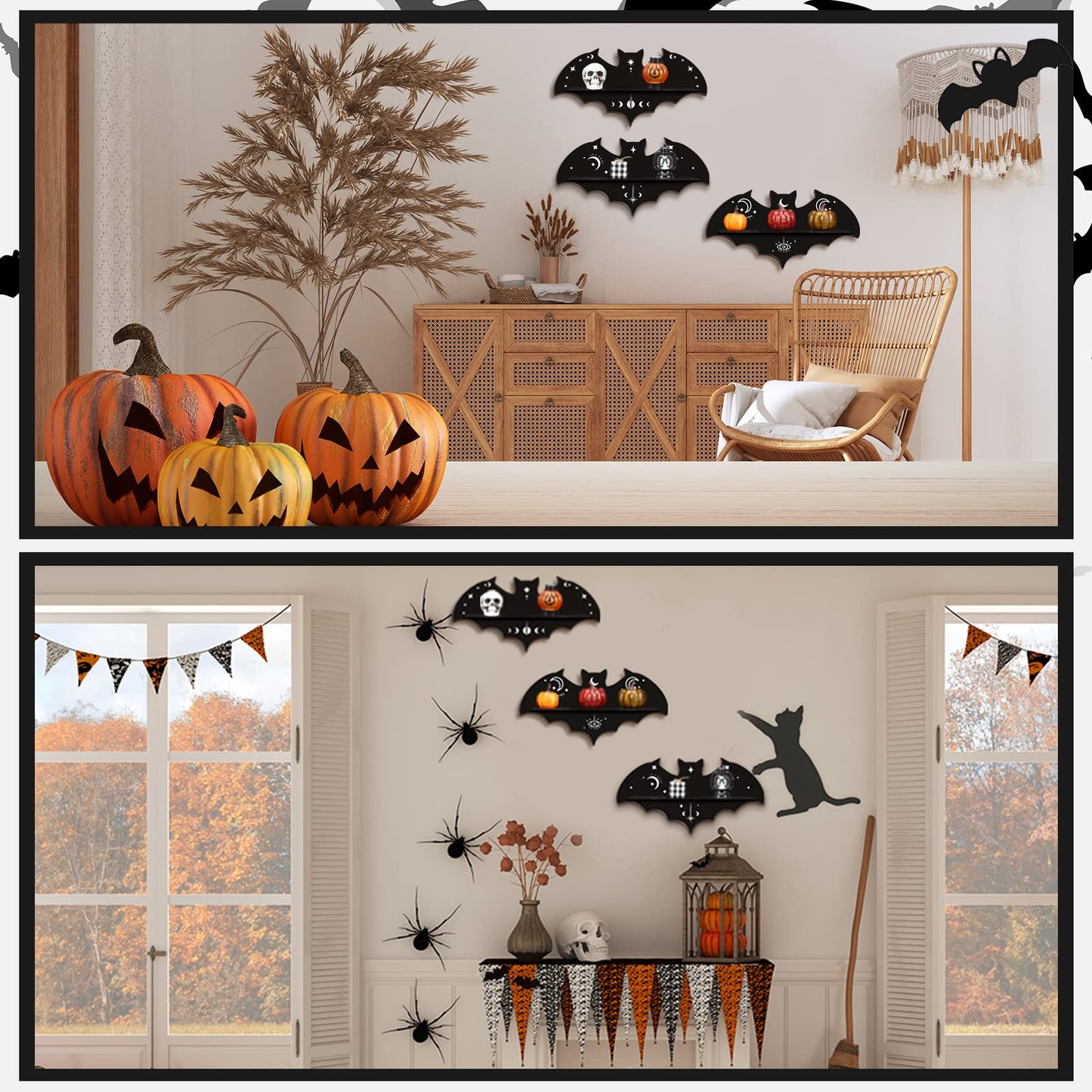 Geetery 3 Pcs Bat Floating Wall Shelf Black Gothic Wall Shelves Decor 15.74 Inch with Hooks for Halloween Party Living Room Bedroom Kitchen Bathroom