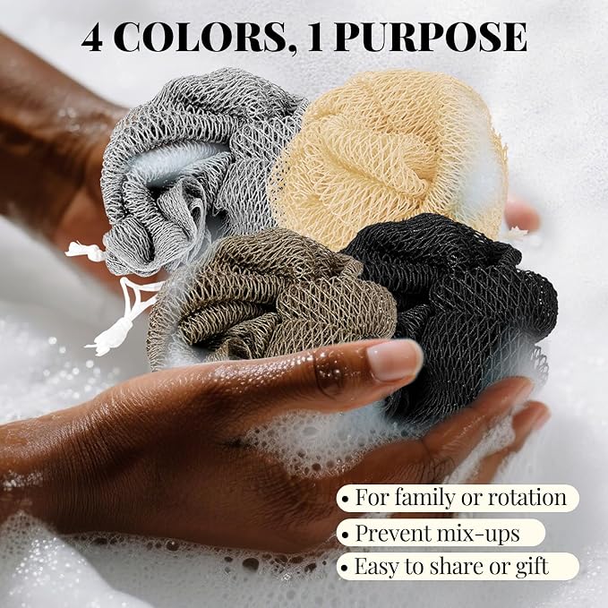 African Net Sponge Authentic-4 Packs African Exfoliating Net Sponge,Bath Sponges for Shower,42 inch Long for Normal to Sensitive Skin, for Daily use, Body Exfoliator Shower(Linen&Brown&Black&Grey)