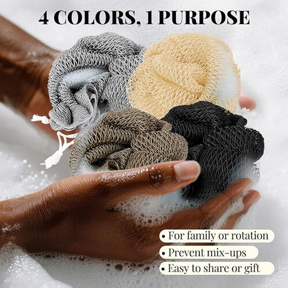 African Net Sponge Authentic-4 Packs African Exfoliating Net Sponge,Bath Sponges for Shower,42 inch Long for Normal to Sensitive Skin, for Daily use, Body Exfoliator Shower(Linen&Brown&Black&Grey)