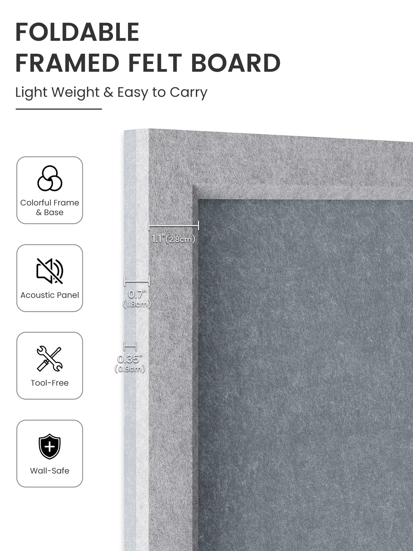 Fluxynara Foldable Cork Board Alternative, Felt Bulletin Board 23.6" x 17.5" Soft Gray Frame with 12 Adhesive Tabs, Pin Board for Home Office, Classroom, Entryway, Kitchen Wall Decor—Blue Gray