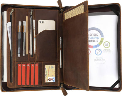 Ringsun Genuine Leather Portfolio Organizer for Men Women with Handle, Full Grain Leather Padfolio Folder with Zipper Business Resume Portfolio for 12.9" iPad, Brown, RS118