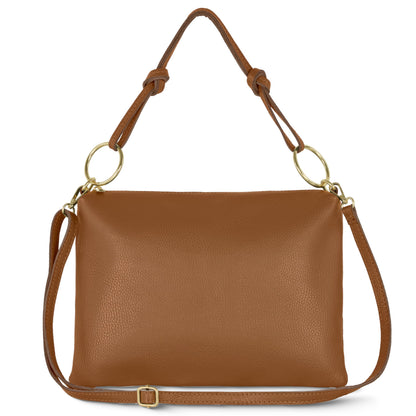 Italian Calf Leather Shoulder Bag for Women | Rectangular Handbag Purse with Zipper, Top-Handle & Crossbody Strap (Brown)