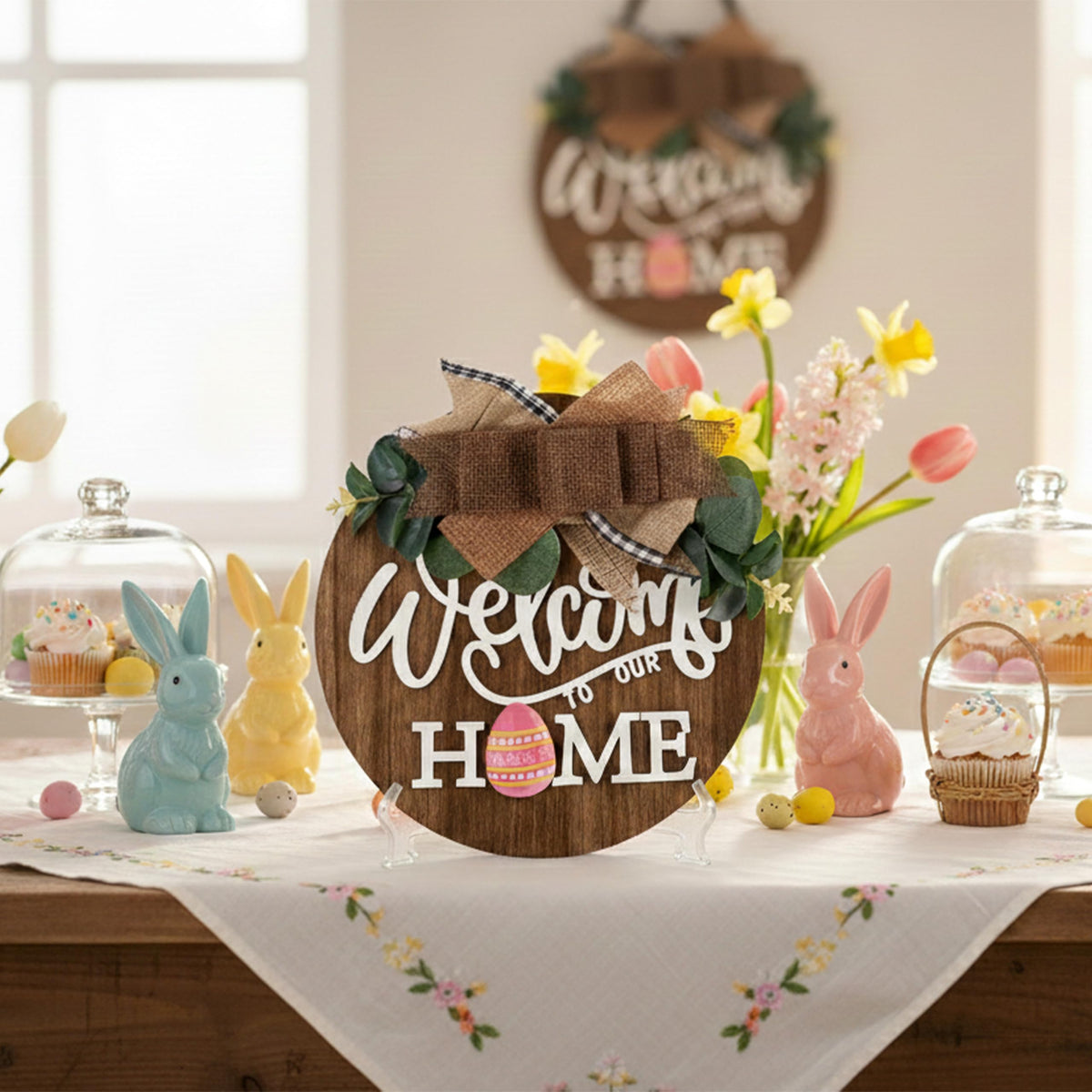 CondorPasea Interchangeable Welcome Door Sign with 16 Different Replaceable Patterns - 12" Round 3D Rustic Wooden Front Porch Decor, Artificial Leaves & Rustic Beads, Farmhouse/Classroom All Seasons Holiday (Christmas Halloween) Welcome Home Hanging Sign