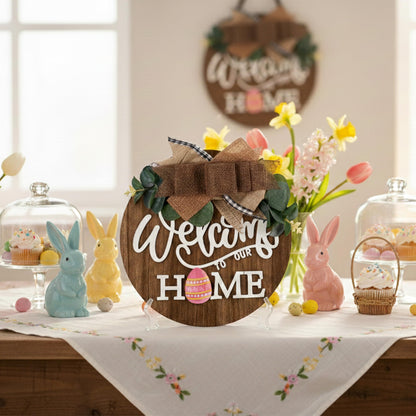 CondorPasea Interchangeable Welcome Door Sign with 16 Different Replaceable Patterns - 12" Round 3D Rustic Wooden Front Porch Decor, Artificial Leaves & Rustic Beads, Farmhouse/Classroom All Seasons Holiday (Christmas Halloween) Welcome Home Hanging Sign