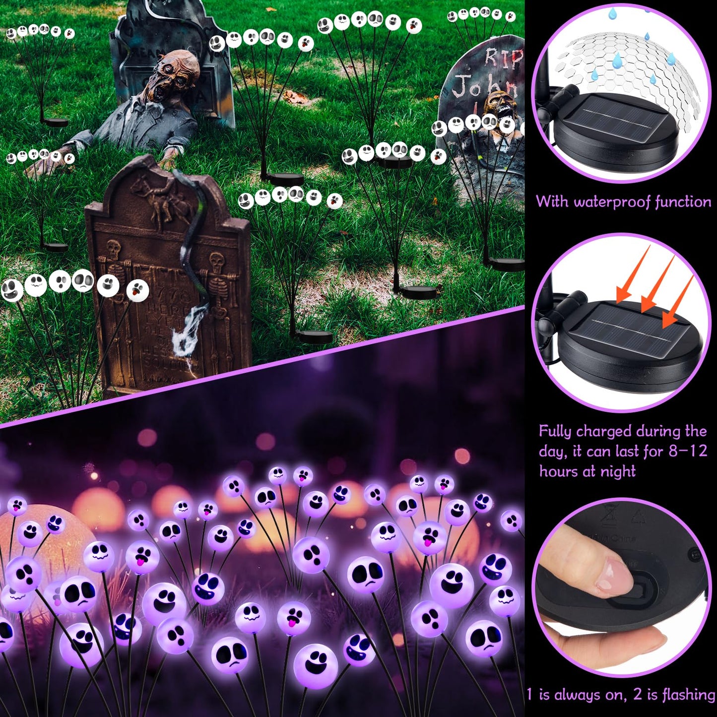 Tuanse 4 Pcs Outdoor Halloween Decorations Waterproof Halloween Solar Lights Scary Ghost Lights for Garden Yard Lawn Pathway (Purple)