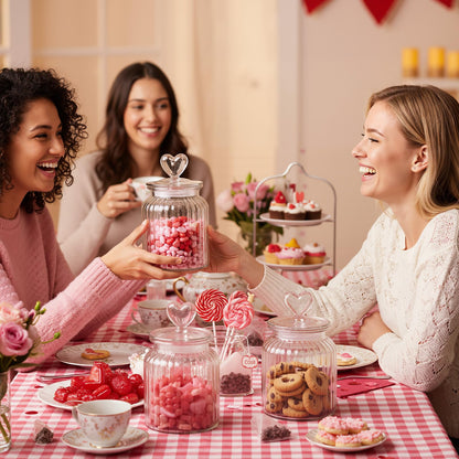 Potchen 4 Sets 32oz Cookie Jars Glass Candy Jar with Heart Lids Decorative Heart Containers Food Storage Canister with Airtight Lid for Valentines Party Table Decoration(Clear Lid)