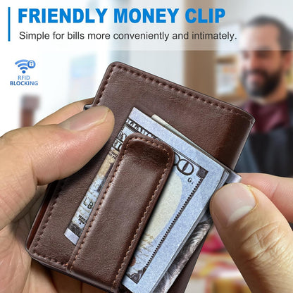 Plinvo Men's Slim Genuine Leather Wallet with Money Clip, Coin Pocket, RFID Blocking, ID Window (Burnt Umber)