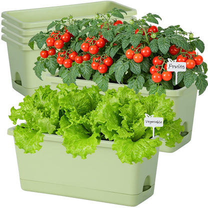 Oliz Window Box Planter 6 Packs, 13.8 Inches Rectangle Flower Pots with Drainage Holes & Trays, Pots for Vegetables, Herbs, Flowers, Garden Windowsill Balcony (Green)