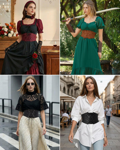 GRACE KARIN Women's Elastic Wide Waist Belt Renaissance Pirate Corset Cinch Belt Cosplay Costume with Press Button Coffee M