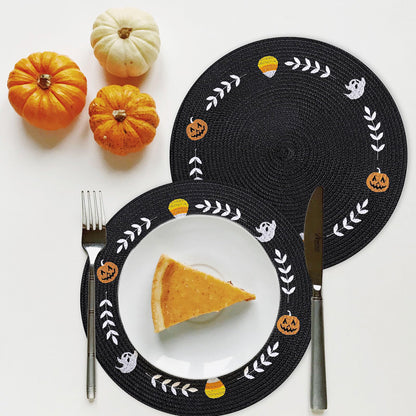 Whaline 4 Pcs Round Halloween Placemats Embroidered Ghost Pumpkin Candy Corn Place Mats Black Spooky Dinner Table Mats for Halloween Holiday Trick or Treat Party Table Decor