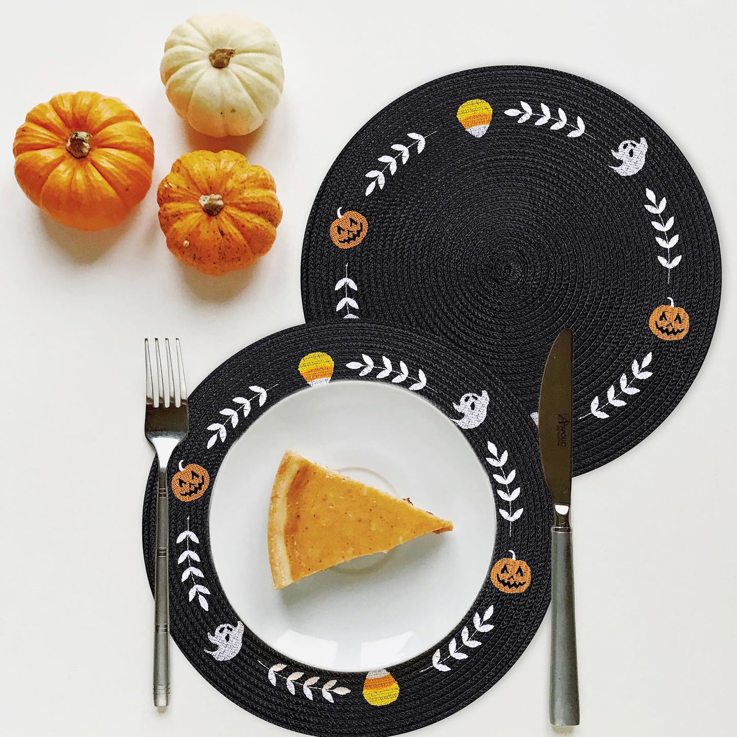 Whaline 4 Pcs Round Halloween Placemats Embroidered Ghost Pumpkin Candy Corn Place Mats Black Spooky Dinner Table Mats for Halloween Holiday Trick or Treat Party Table Decor