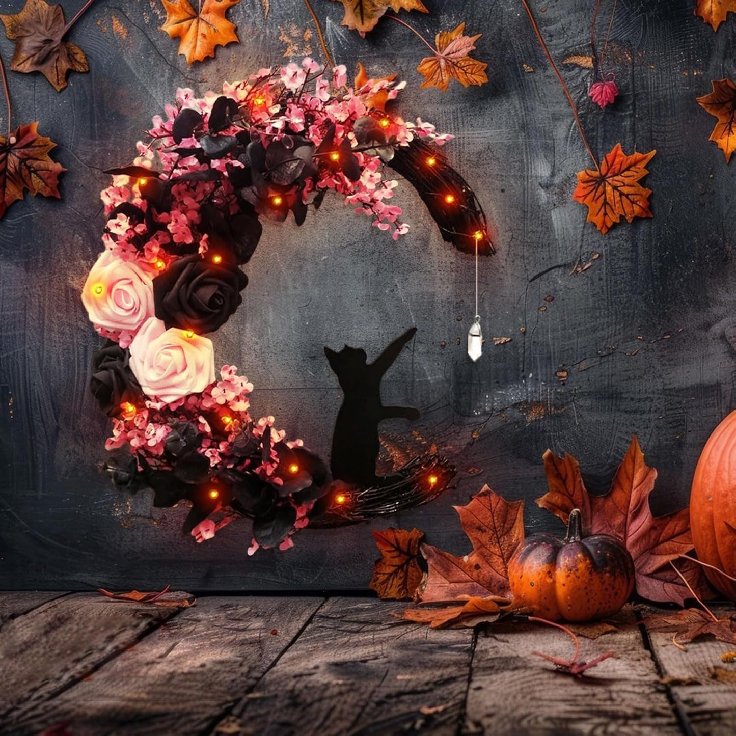 Pink Black Halloween Wreath with Lights, Crescent Moon Cat Pastel Goth Wreath with Rose, Spooky Witchy Gothic Front Door Decor for Indoor Bedroom Wall (Rose)