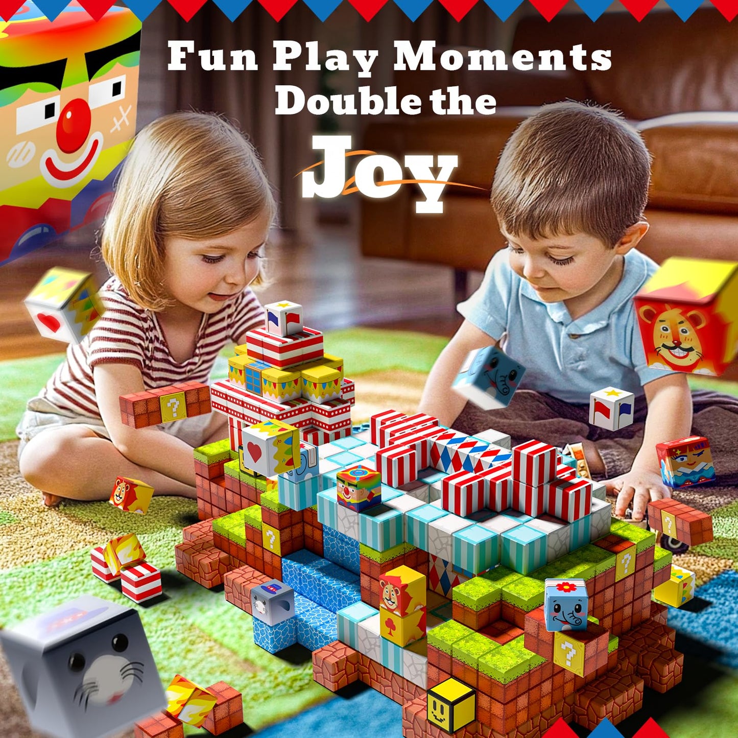 BRISTLIX 200PCS Magnetic Building Blocks with Storage Bag, 0.8in Joyful Circus STEM Magnet Cubes, Creative Construction Magnetic Blocks, Ideal Gift for Boys & Girls Age 3-12 Magnetic Cubes