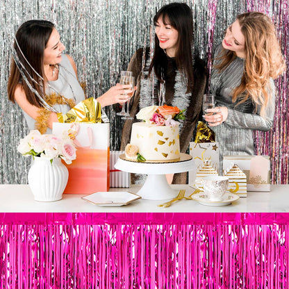 3 Pack Fuchsia Foil Fringe Table Skirts Metallic Tinsel Streamers Garland Banner Backdrop for Table Decor, Parade Float, Birthday, Wedding, Halloween, Christmas Party Decorations(29x108 In)