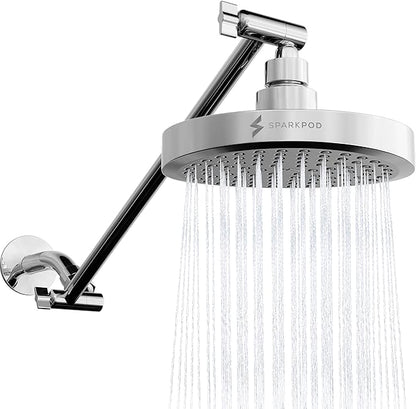 SparkPod 6" Round Rain Shower Head with 16" Shower Arm | Shower Head & Extension Arm Combo, Height Adjustable, High Pressure Performance, Easy 1-Minute Installation, Polished Chrome