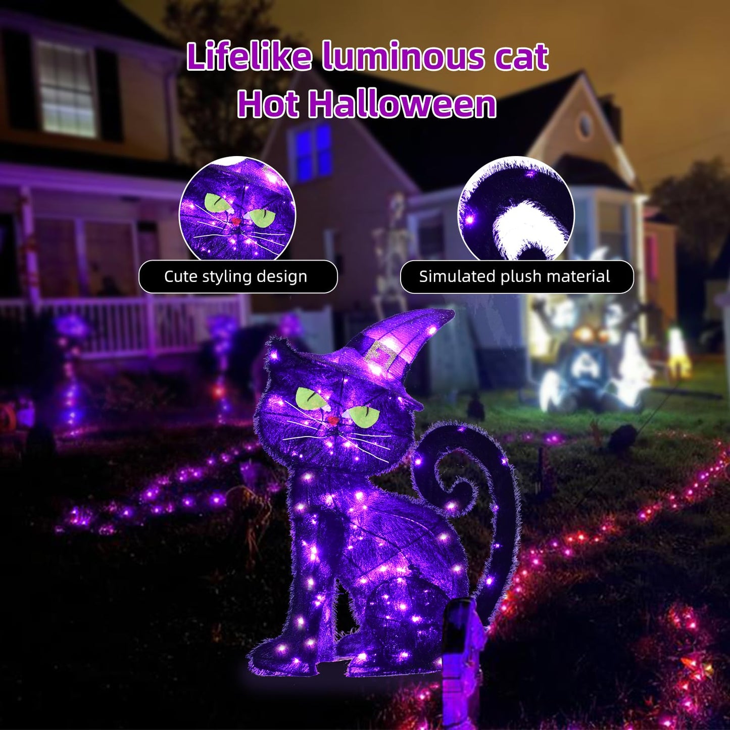 Halloween Decorations Outside Witch Cat - HOYECHI Outdoor Halloween Decor Lighted Black Cat 2ft, Light Up Cat with 85 Led Lights, Ground Stakes, for Front Yard Porch Gardens Lawns Party