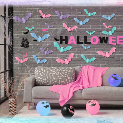 TaoBary 64 Pcs Pastel Halloween 3D Bats Wall Decor 4 Different Sizes Pastel Reusable PVC Scary Bat Stickers for Home Door Window Party Decorations
