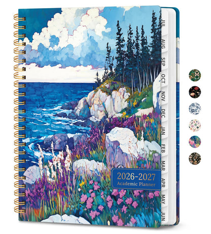 Academic Planner 2026-2027, Monthly and Weekly Calendar Planner, July 2026 - June 2027, Pretty Hardcover Teacher Student Planning Agenda Book with Tabs, Fit for School Office Supplies, 6.3" x 8.5", Coastal Wilds