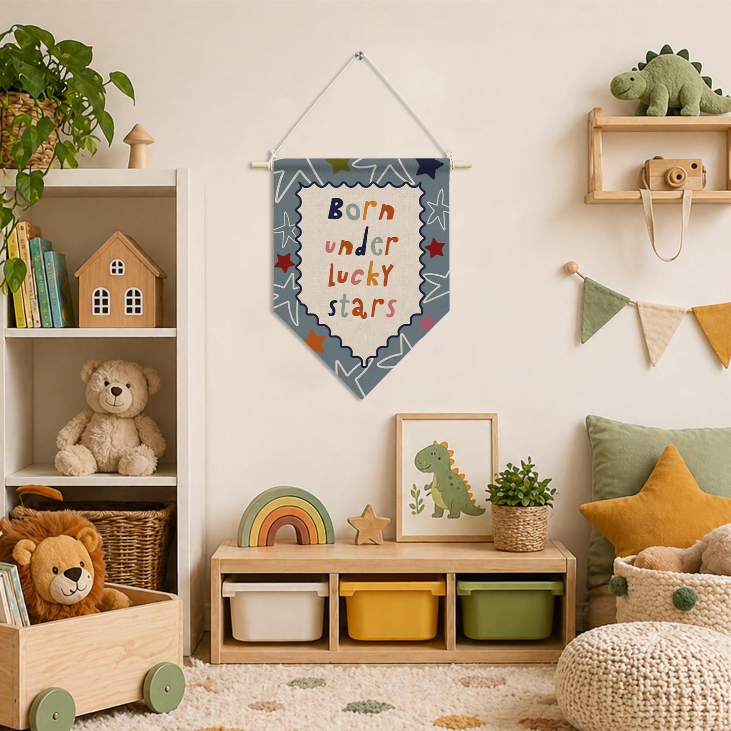 RUKUPA Kids Room Wall Art Decor, Boy Girl Nursery Hanging Pennant Flag, Born Under Lucky Stars Nursery Wall Art Poster Hanger for Kids Toddler Room Playroom Bedroom Classroom Decor, 11x15 Inch
