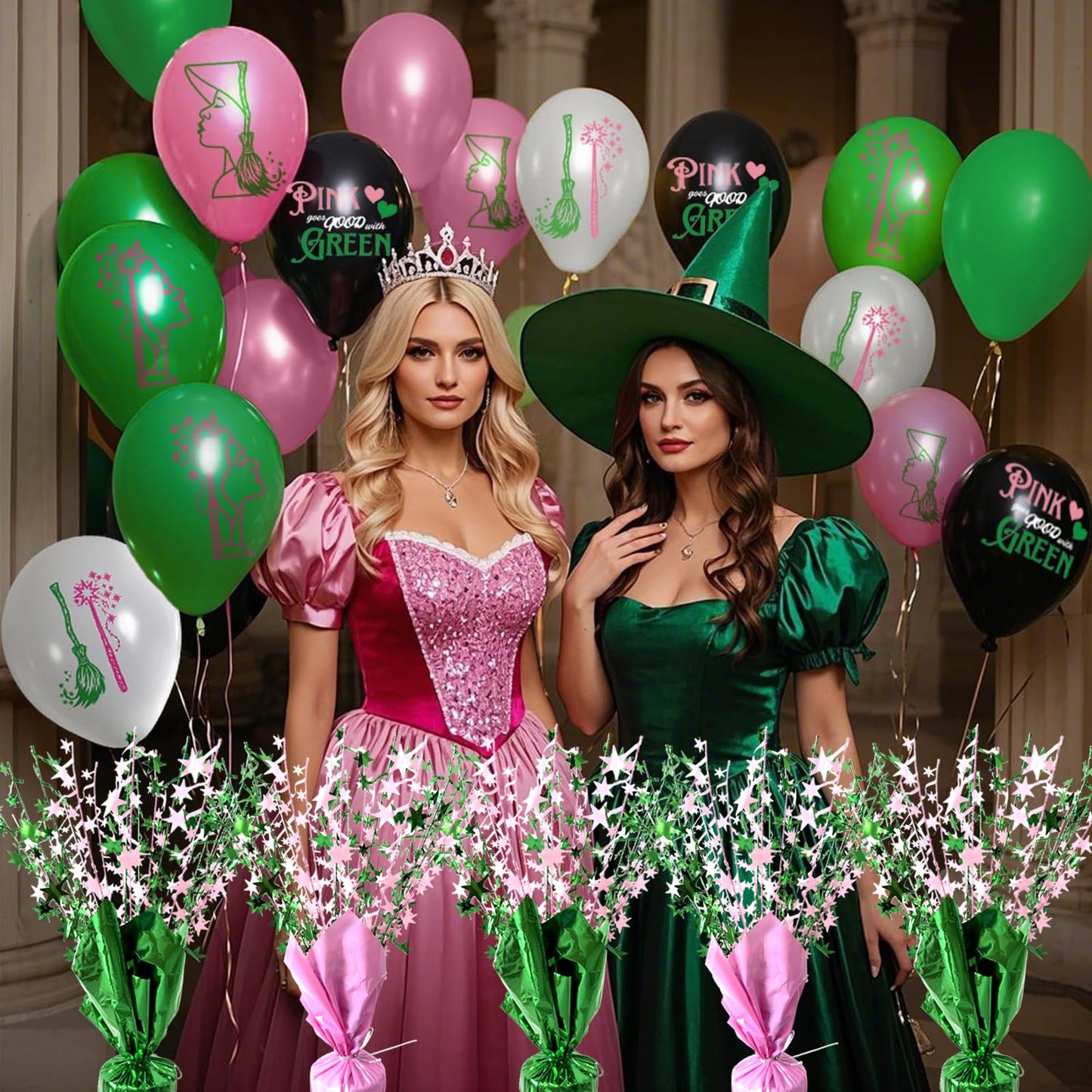 6 Pack Pink Green Witch Birthday Party Decoration Metallic Foil Spray Centerpiece Star Table Decoration Burst Table Centerpieces for Halloween Witch Princess Holiday Party Supplies Decor