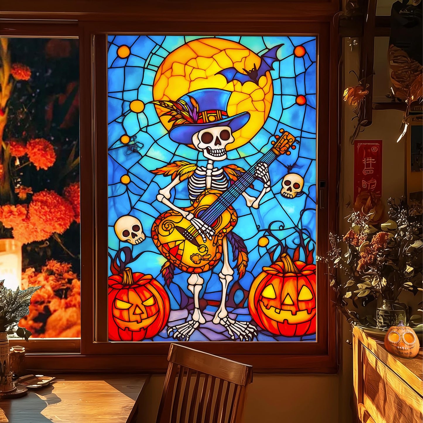 HOMETITUTE Halloween Skeleton Musician Window Film 31x47 Inch Decorative Window Film Pumpkin Guitar Skull Scene Stained Glass Cling for Mirror Door Privacy Decor for Home Party School Office