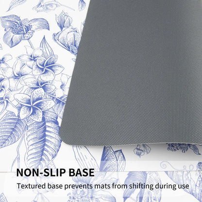 QiyI Placemats Set of 6, 12x18 Inch Faux Leather Place Mats for Kitchen Dinning, Heat Resistant Anti Slip Floral Table Mats, Waterproof Wipeable Washable Placemat Party Table Décor, Blue Flowers
