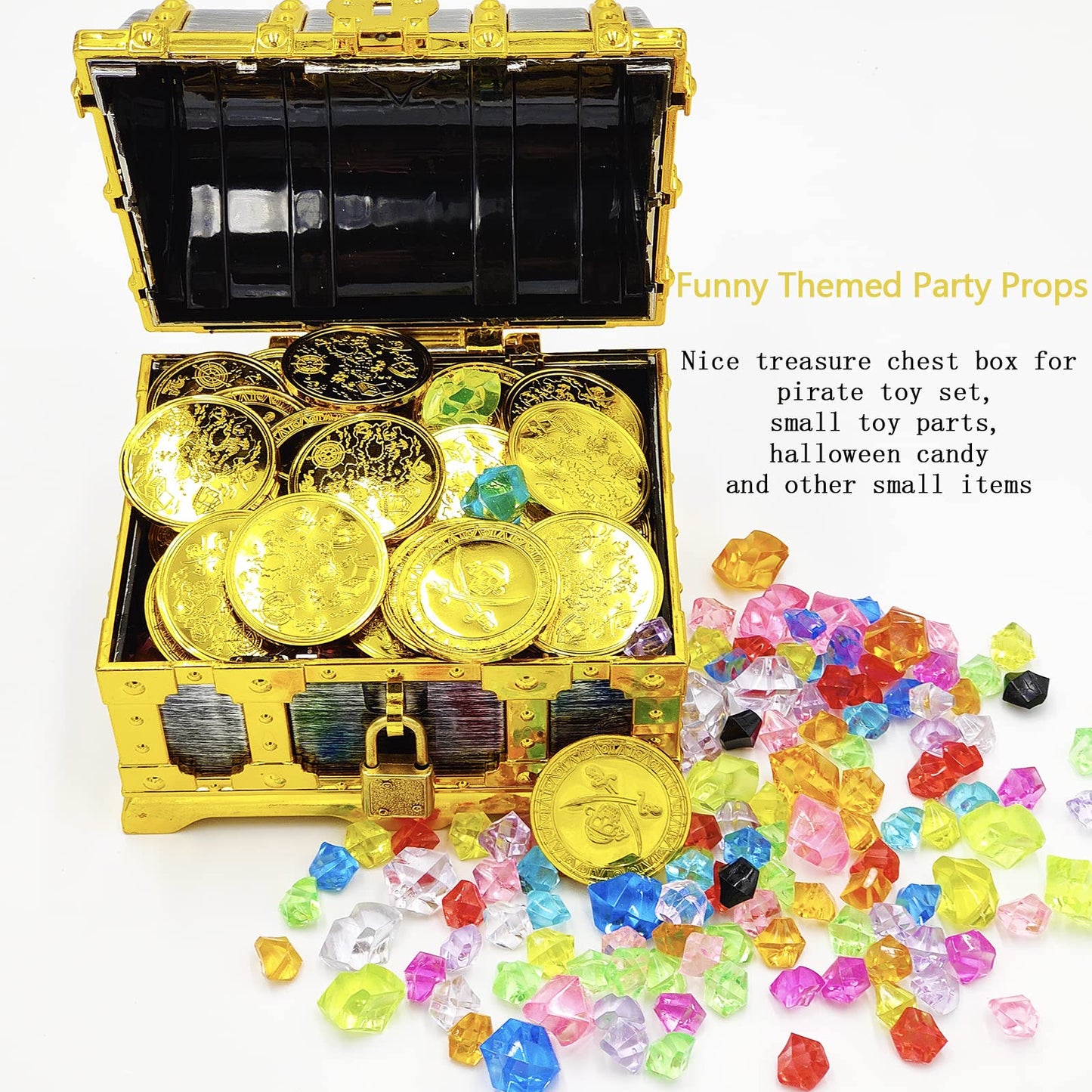 Dronside Kids Golden Frame Pirate Treasure Chest with Lock and Key, Treasures Collection Storage and Decorative Box for Kids Birthday Pirate Party Favors