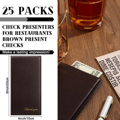 Affrolling 25 Pcs Check Presenters for Restaurants Dark Brown Guest Check Card Holder Bill Book Tip Check Holder with Gold Thank You Imprint Guest Check Books for Servers Cafe Bar Waiter, 8 x 4 Inch