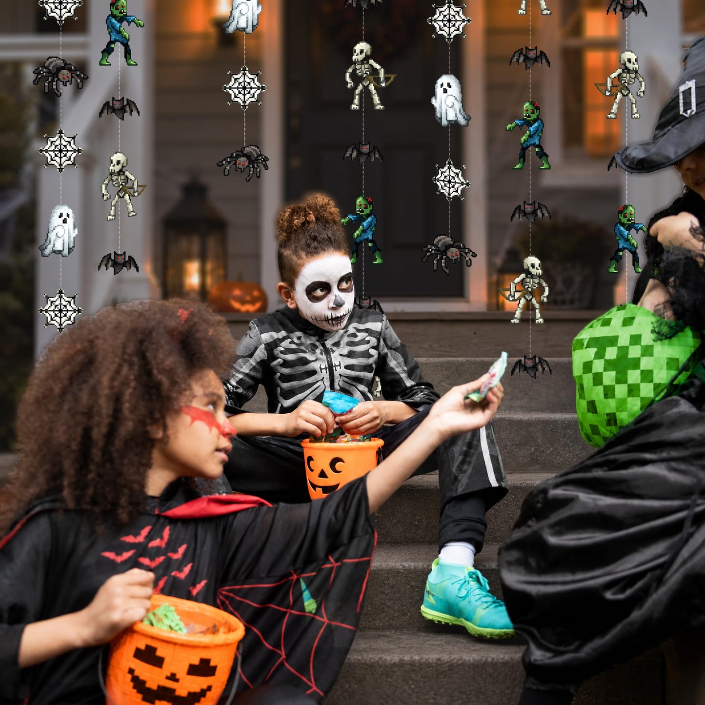 Cheerland Pixel Halloween Garland Set 6 Pcs Cute Halloween Decorations for Gamer Theme Party Retro 8-Bit Kids Halloween Decor Wall Hanging Banner Spider Zombie Ghost Skeleton Spooky Monster Garland