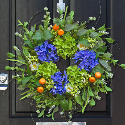 Spring Wreaths for Front Door 24 Inch, Summer Wreath Outdoor，Silk Hydrangea Wreath with White Blossoms & Mini Mandarins, Rustic Farmhouse Indoor & Outdoor Seasonal Wreath, Spring&Summer Home Decor