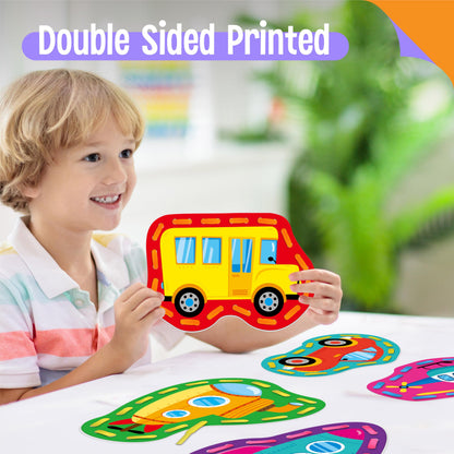 SpriteGru 9 Pieces Kids Lacing Cards, Double Sided Vehicle Sewing Cards with 9 Colorful Laces, Imagination Development Lacing Toys Games for Children Educational and Learning Activity