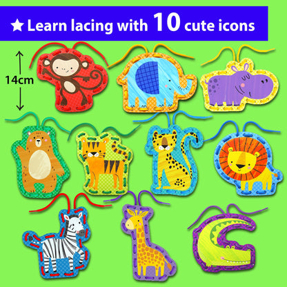 KRAFUN My First Lacing Cards Kit for Toddlers & Kids Age 3+, 10 Safari Animal Arts & Crafts Projects, Fine Motor Skills Toys with Lion Monkey Elephant Tiger Giraffe Hippo Zebra Bear