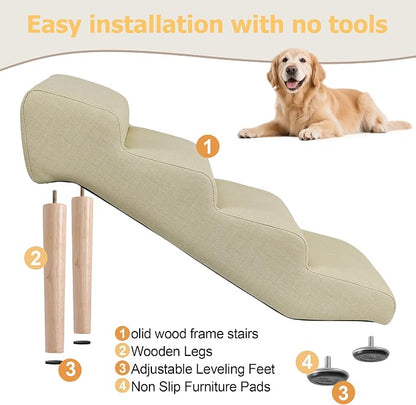 4-Step 18" H Dog Stairs for Bed Couch, Waterproof & Scratch PU Leather Pet Steps for Small Senior Dogs and Cats, Dog Ramp with 220 lbs Maximum, Oak Leg & Solid Wood, Non-Slip Feet, Cream