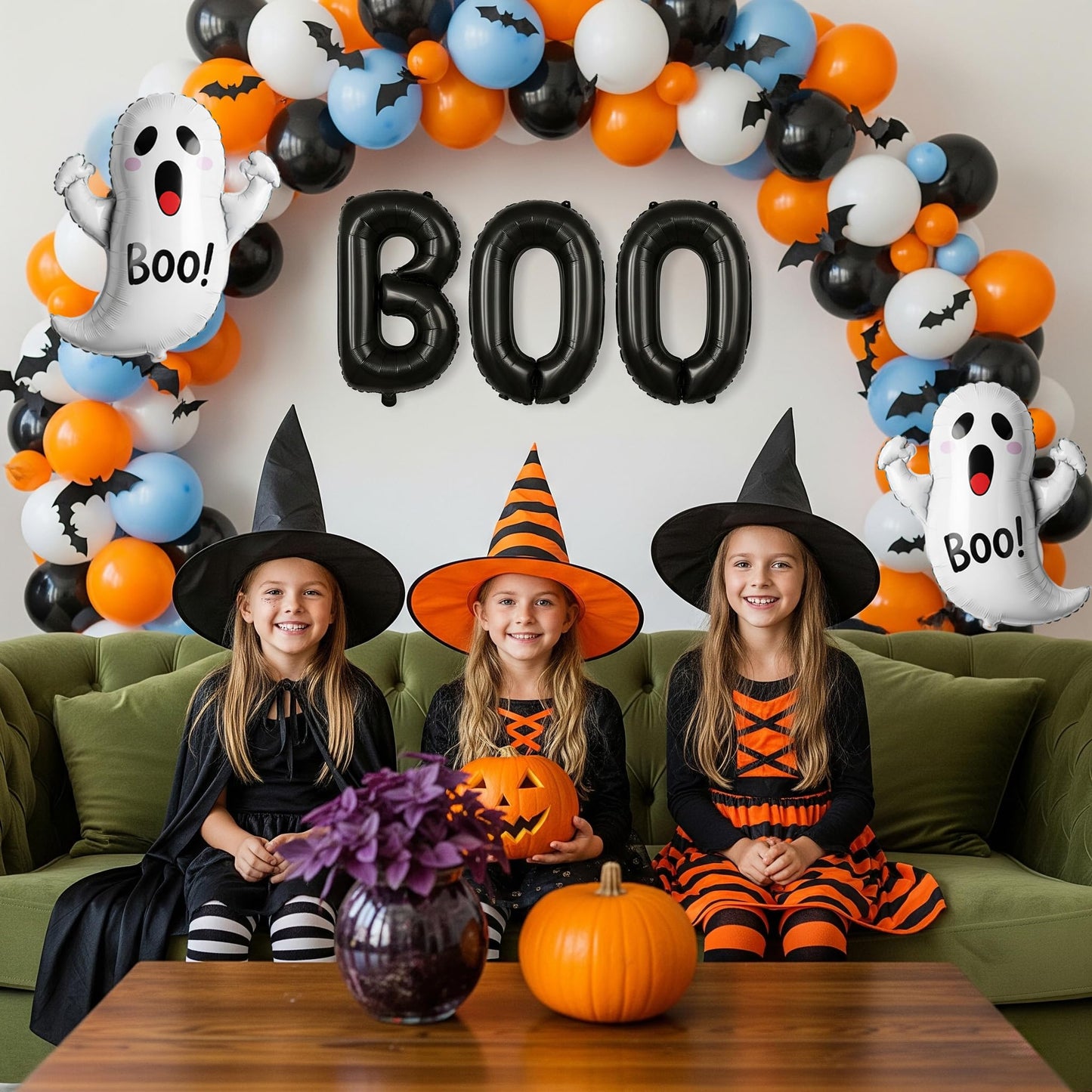 Halloween Balloon Garland Arch Kit - 114Pcs Black Blue Orange Balloons with Ghost Bat Boo Foil Balloons for A Little Boo Is Almost Due Baby Shower, Spooky Theme Indoor Outdoor Party Decorations