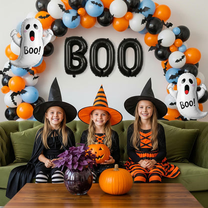 Halloween Balloon Garland Arch Kit - 114Pcs Black Blue Orange Balloons with Ghost Bat Boo Foil Balloons for A Little Boo Is Almost Due Baby Shower, Spooky Theme Indoor Outdoor Party Decorations