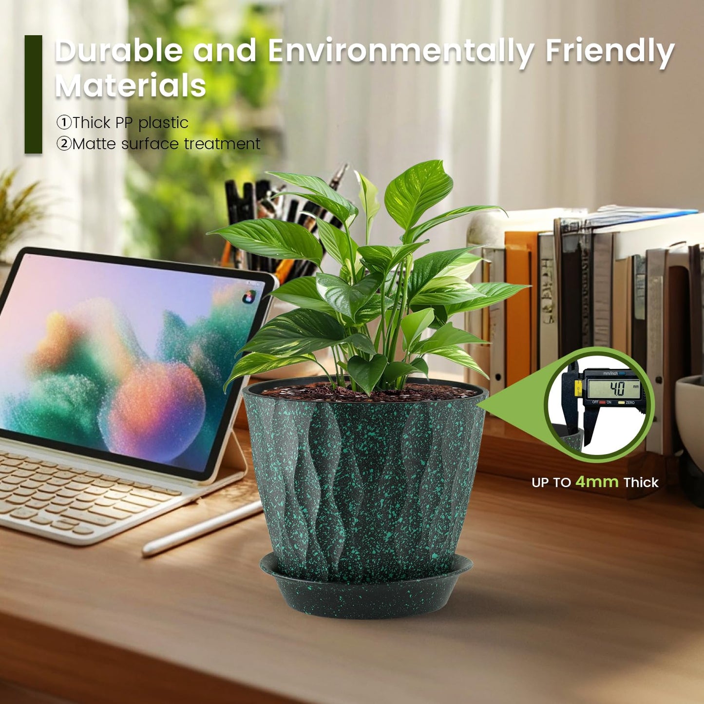 Meowell 7 inch Plant Pots for Indoor Outdoor Plants, 5 Pack Thick Flower Pots with Drainage Holes and Saucers, 3D Modern Wave Texture Plastic Planter Nursery Pots, Black with Green Speckles