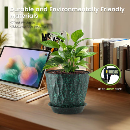 Meowell 7 inch Plant Pots for Indoor Outdoor Plants, 5 Pack Thick Flower Pots with Drainage Holes and Saucers, 3D Modern Wave Texture Plastic Planter Nursery Pots, Black with Green Speckles