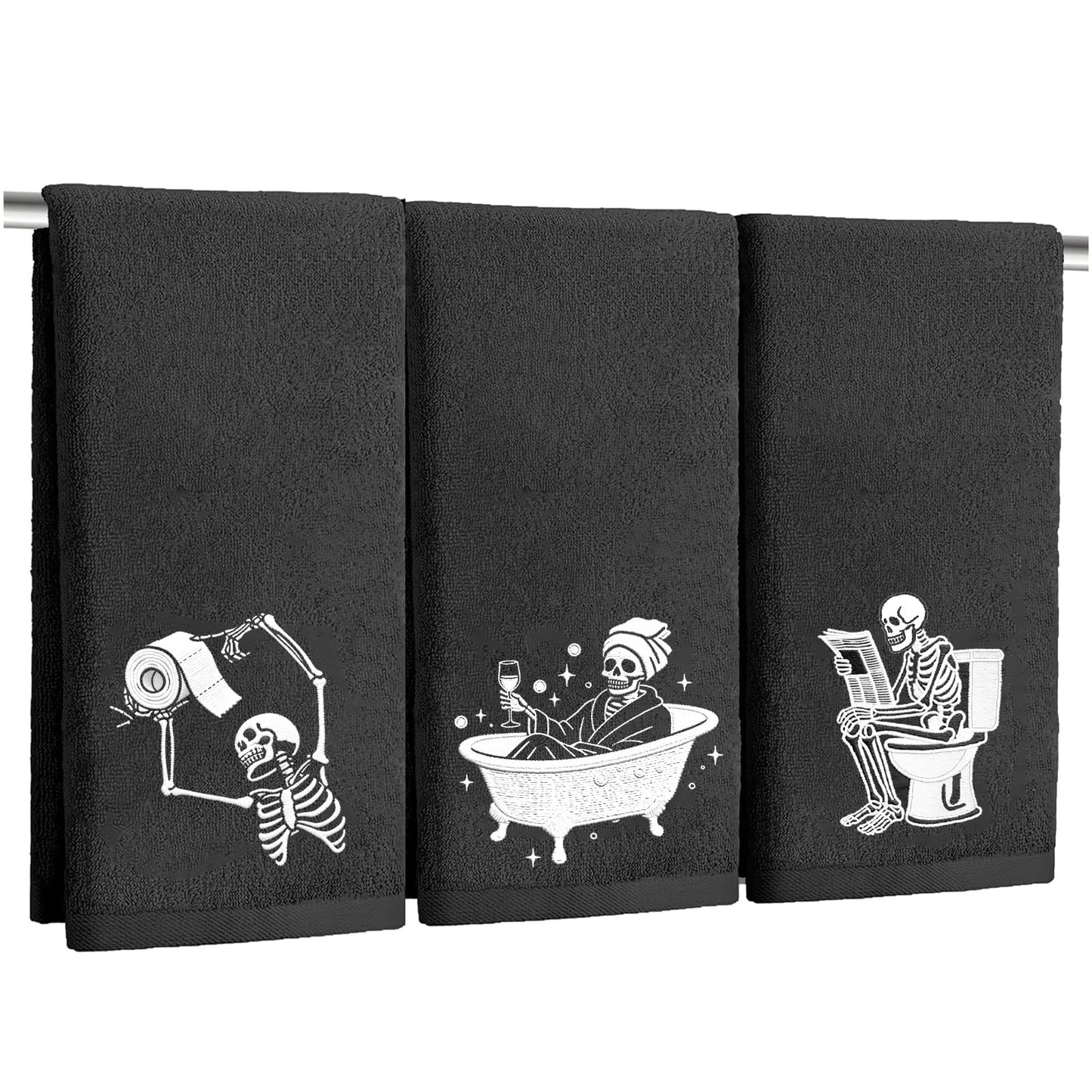 JarThenaAMCS Halloween Hand Towels Set of 3 Embroidered Black Skeleton Cotton Dish Towel for Seasonal Bathroom Hand Drying Kitchen Cleaning Towel Gift Set, 28.3 x 12.6 Inch