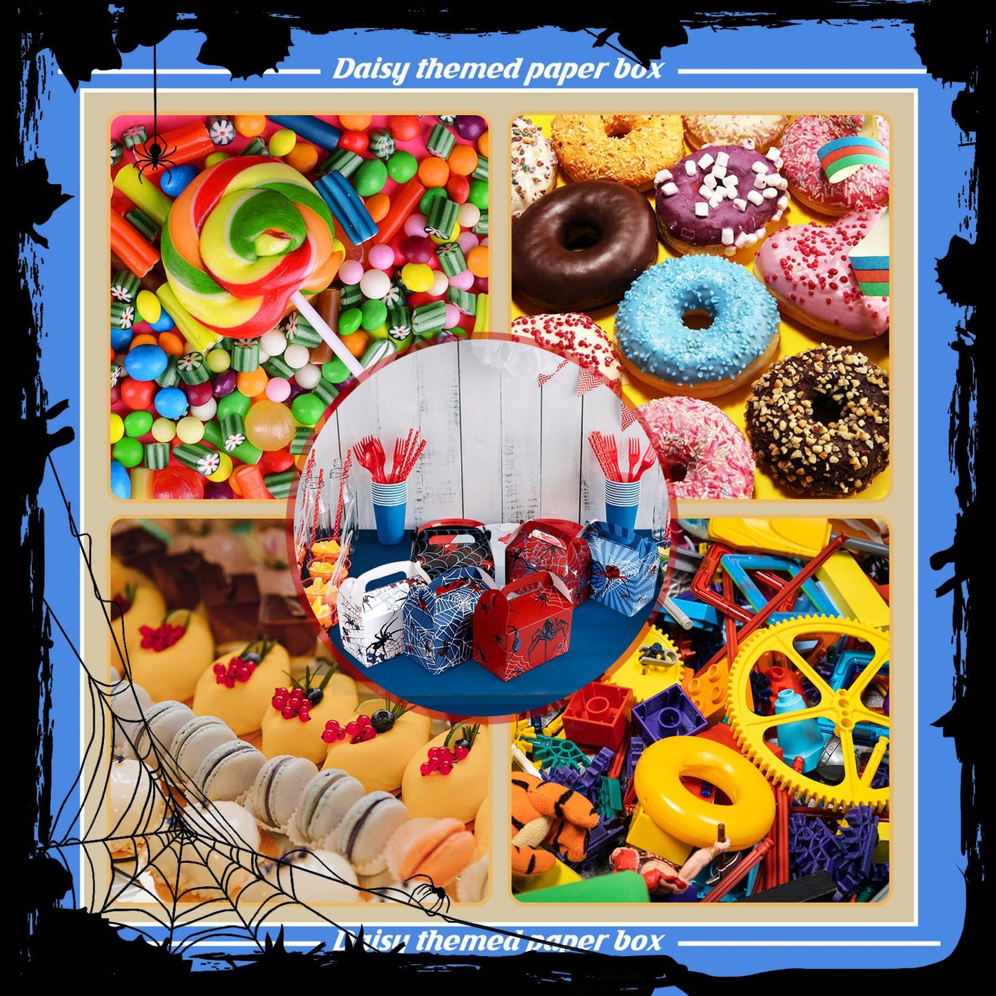 Gilprop 16 Pcs Spider Birthday Party Favor Boxes Spider Gifts Goodie Treat Boxes with Handles 6.3 x 3.23 x 3.74 Inches Double Sided Printed Gable Candy Bag for Party Supplies, 6 Style
