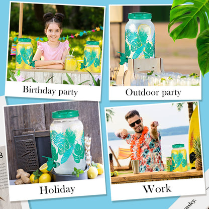 Norme 2 Pcs 1 Gallon Plastic Drink Dispenser Jungle Leaves Theme Iced Beverage Dispenser Tea Jar with Spigot and Carrying Lid Clear Dispenser for Fridge Bar Summer Party