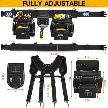 Tool Belt with Suspenders,27-Pockets Heavy Duty Tool Belts for Men with Magnetic Tool Pouch,Detachable & Adjustable Work Belt Bag for Electrician,Carpenter,Construction,Utility Toolbelt,Black