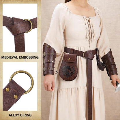 Leadinor 5 Pcs Renaissance Accessories, Medieval Viking Belt Pouch Leather Bracers Sword Frog for Halloween Costume (Brown)