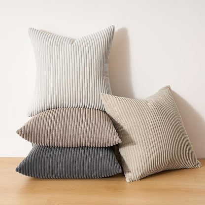 Topfinel 4 Packs Natural Decorative Throw Pillows Covers 16x16 Inch for Living Room Couch Bed Sofa, Rustic Farmhouse Boho Neutral Home Decor, Soft Plush Striped Corduroy Square Cushion Case 40x40 cm