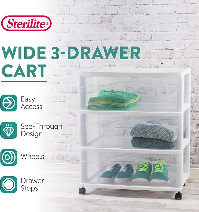Sterilite Wide 3-Drawer Cart, Plastic Storage Organizer Drawers with Wheels, White - Rolling Multipurpose Bins for Dresser, Closet, Cabinet, Bedroom, Bathroom, and Office Organization