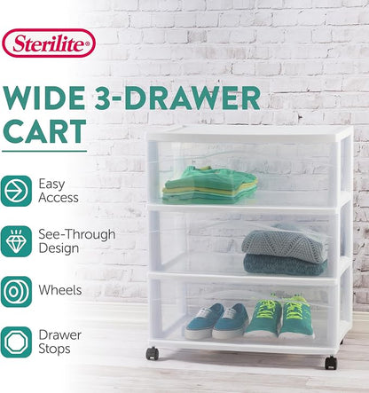 Sterilite Wide 3-Drawer Cart, Plastic Storage Organizer Drawers with Wheels, White - Rolling Multipurpose Bins for Dresser, Closet, Cabinet, Bedroom, Bathroom, and Office Organization
